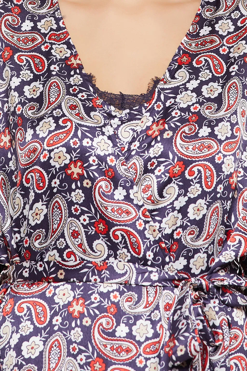 2 Pc Set in Navy - Paisley Print Short Nighty & Robe - Satin image 2