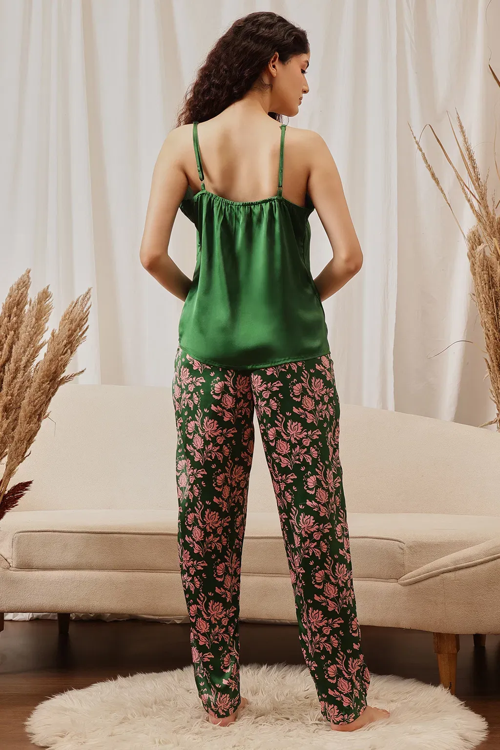 3 Pc Set in Fern Green - Cami Top, Pyjama & Robe - Satin image 4