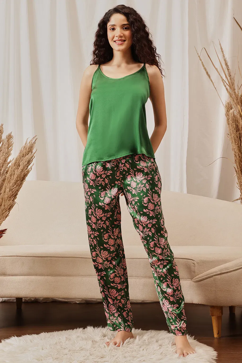 3 Pc Set in Fern Green - Cami Top, Pyjama & Robe - Satin image 8