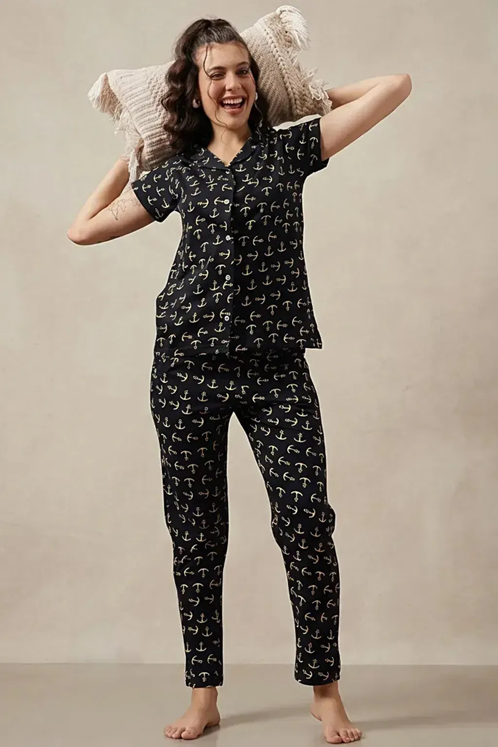 Anchor Print Button-Down Shirt & Pyjama Set in Navy Colour - 100% Cotton