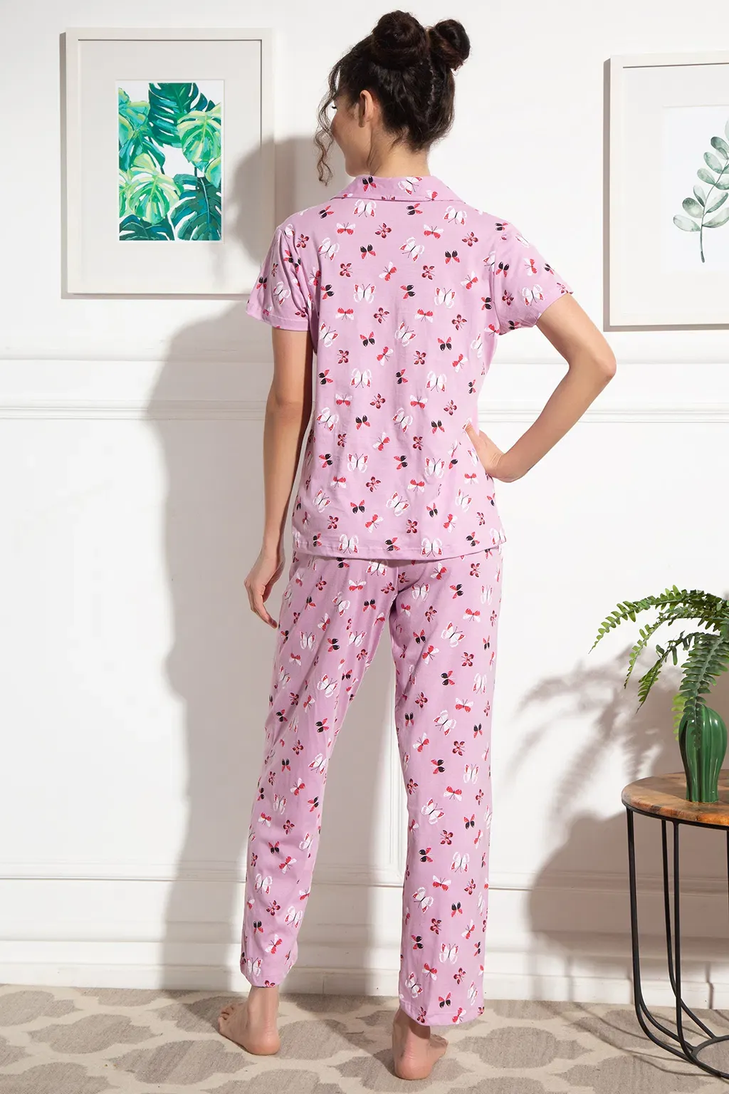 Butterfly Button Down Night Suit in Light Purple - 100% Cotton image 2