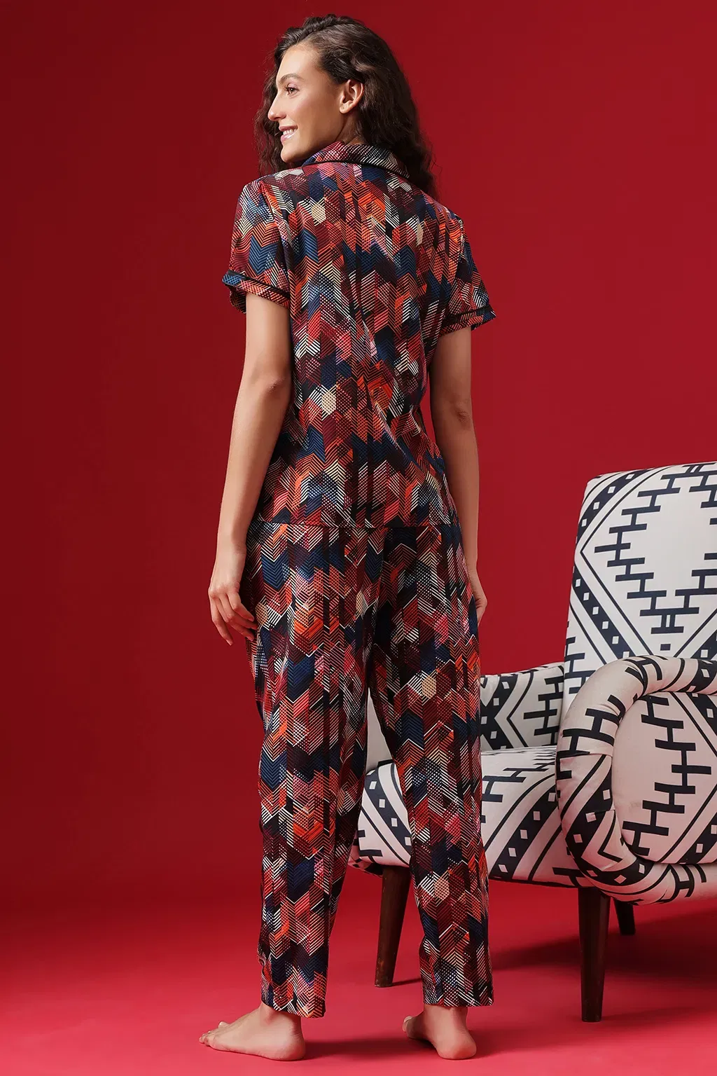 Button Down Night Suit in Multicolour - Crepe image 2