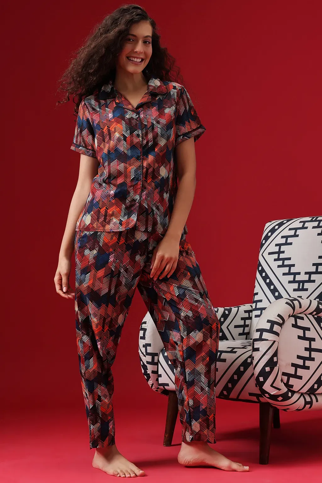 Button Down Night Suit in Multicolour - Crepe image 3