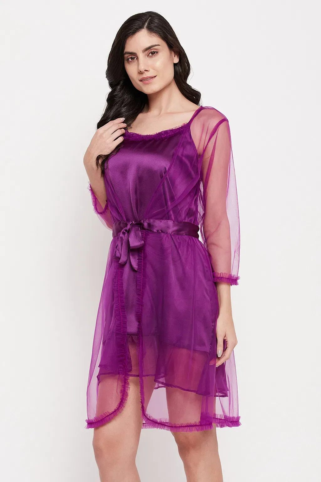 Chic Basic Short Nighty & Robe Set in Purple - Satin image 5