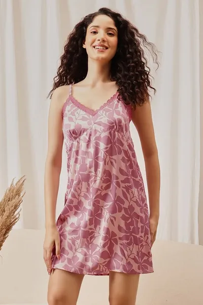 Chic Floral Print Short Nighty in Light Pink - Satin