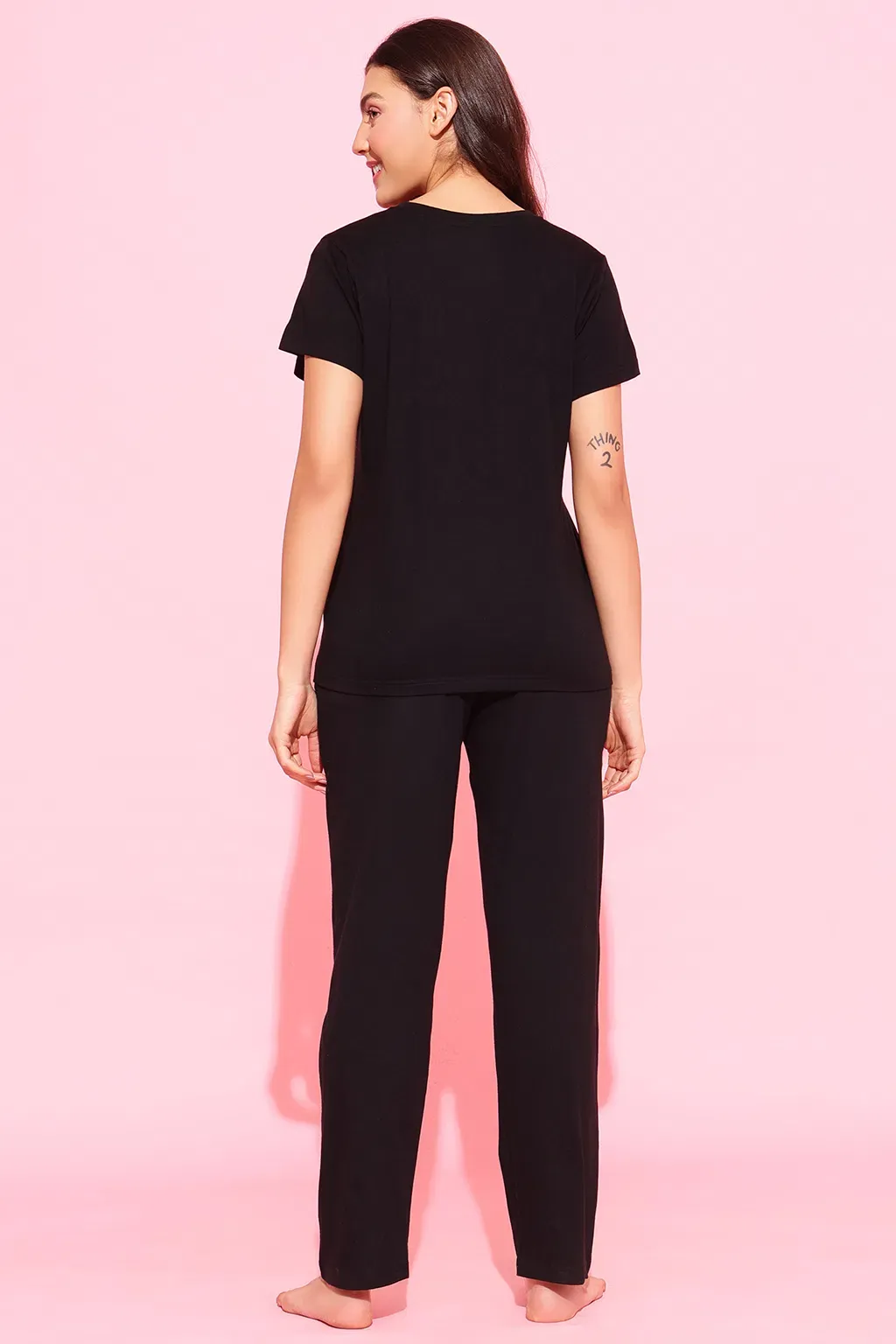 Cow Emoji Print Top & Solid Pyjama Set in Black - 100% Cotton