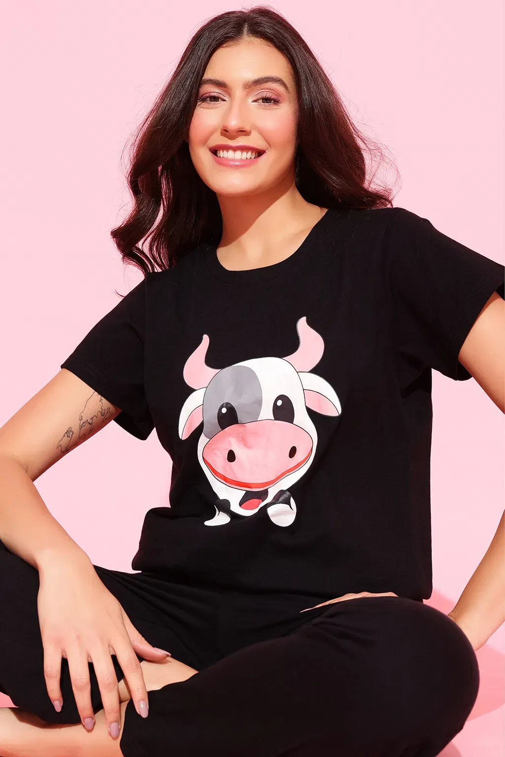 Cow Emoji Print Top & Solid Pyjama Set in Black - 100% Cotton image 4