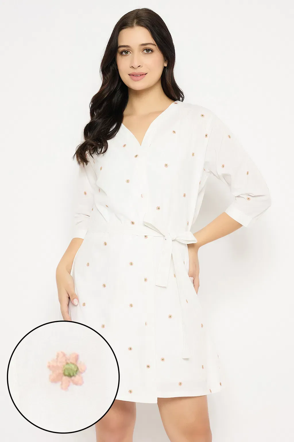 Floral Embroidery Short Nighty & Robe Set in White - 100% Cotton image 3