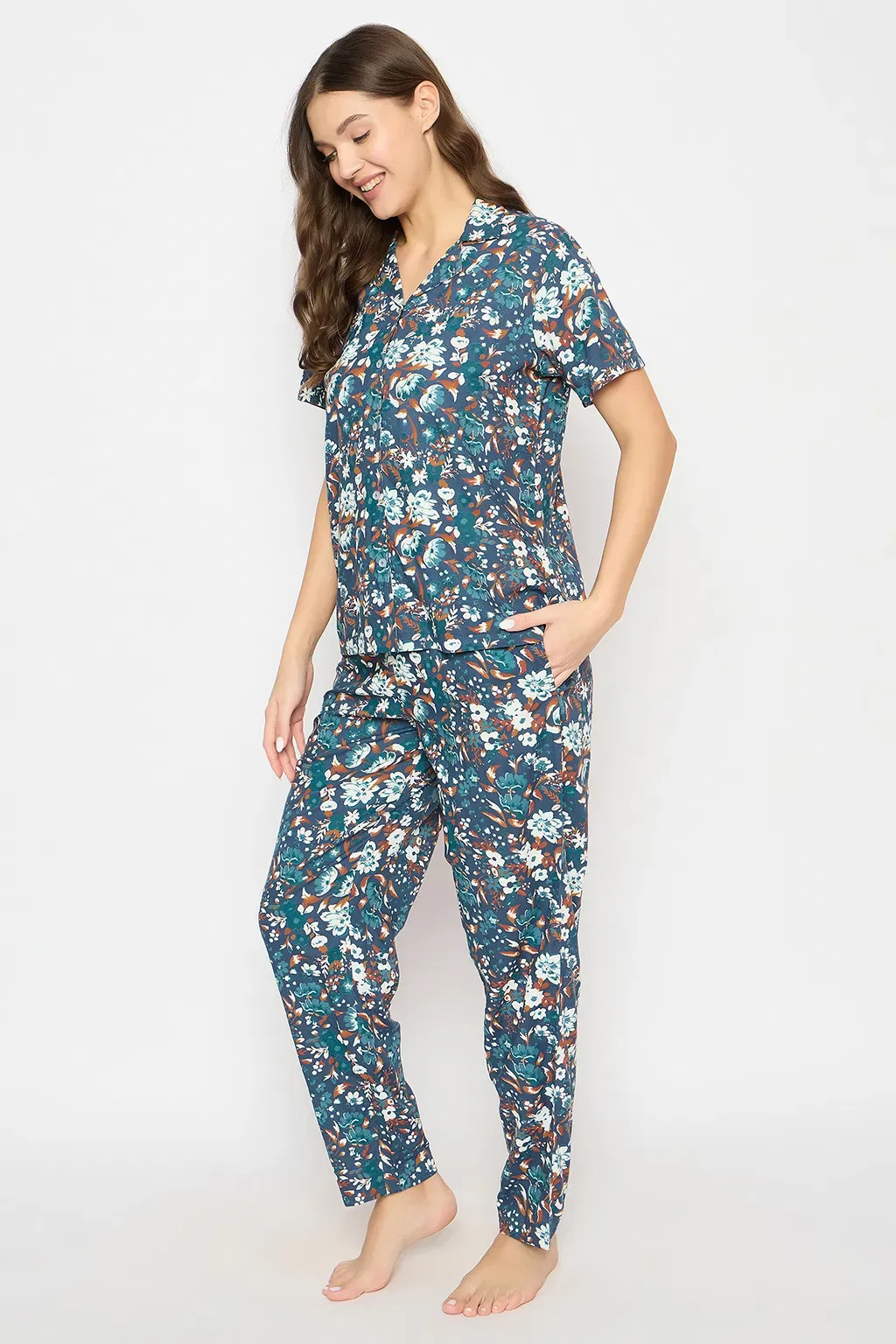 Floral Print Button Down Night Suit in Dark Blue - Rayon image 4