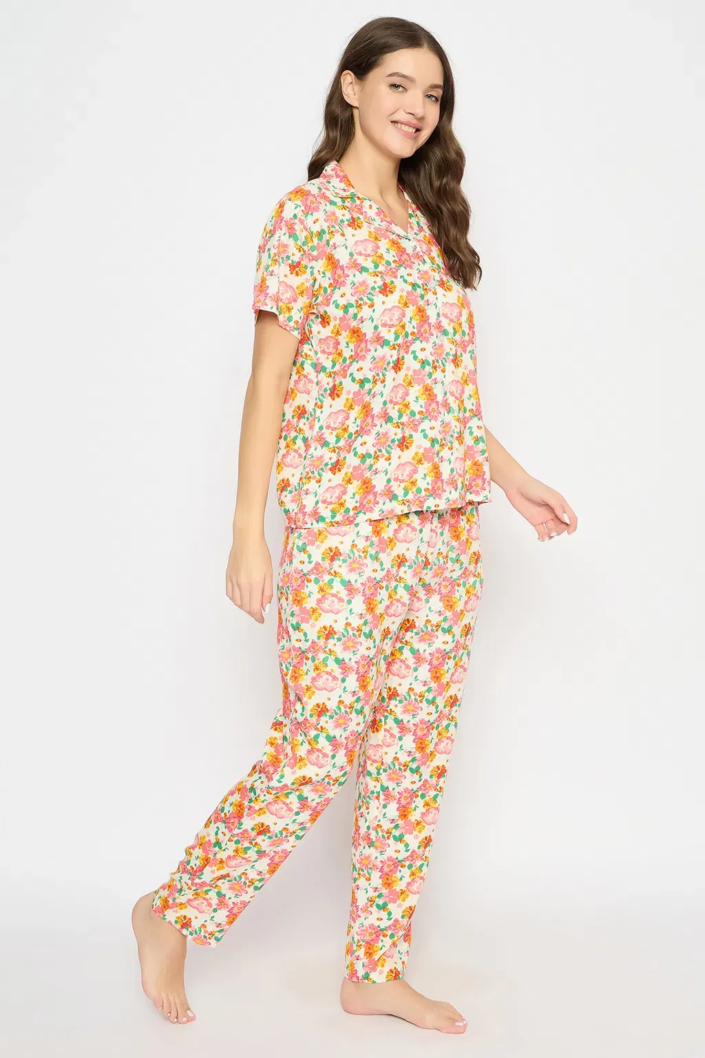 Floral Print Button Down Night Suit in White - Rayon