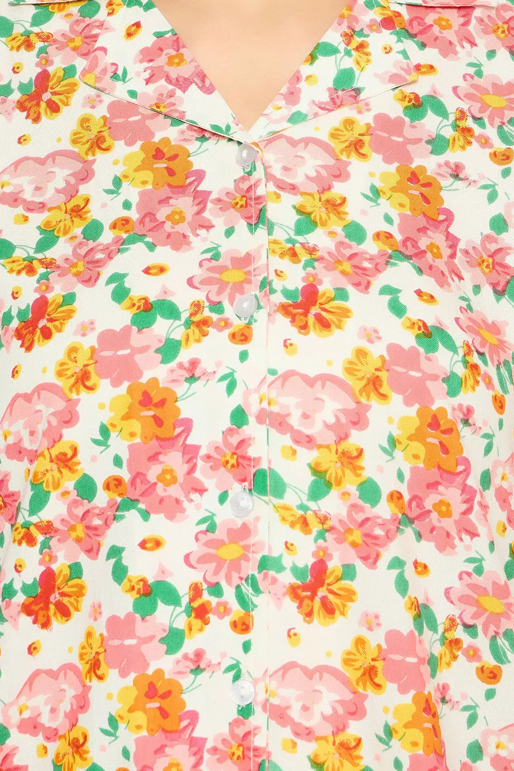 Floral Print Button Down Night Suit in White - Rayon image 2