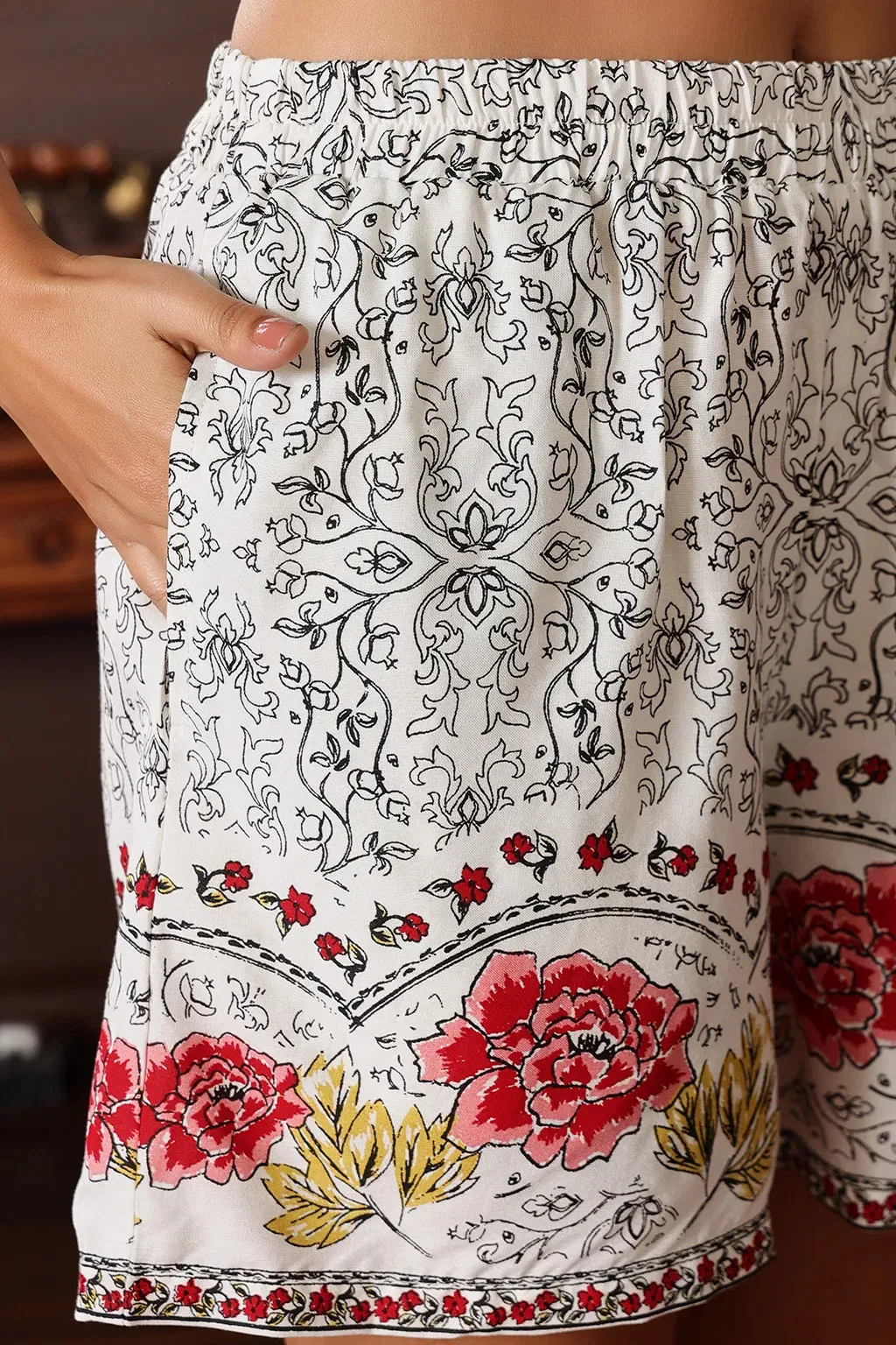 Floral Print Button-Down Shirt & Shorts Set in White - Rayon image 3