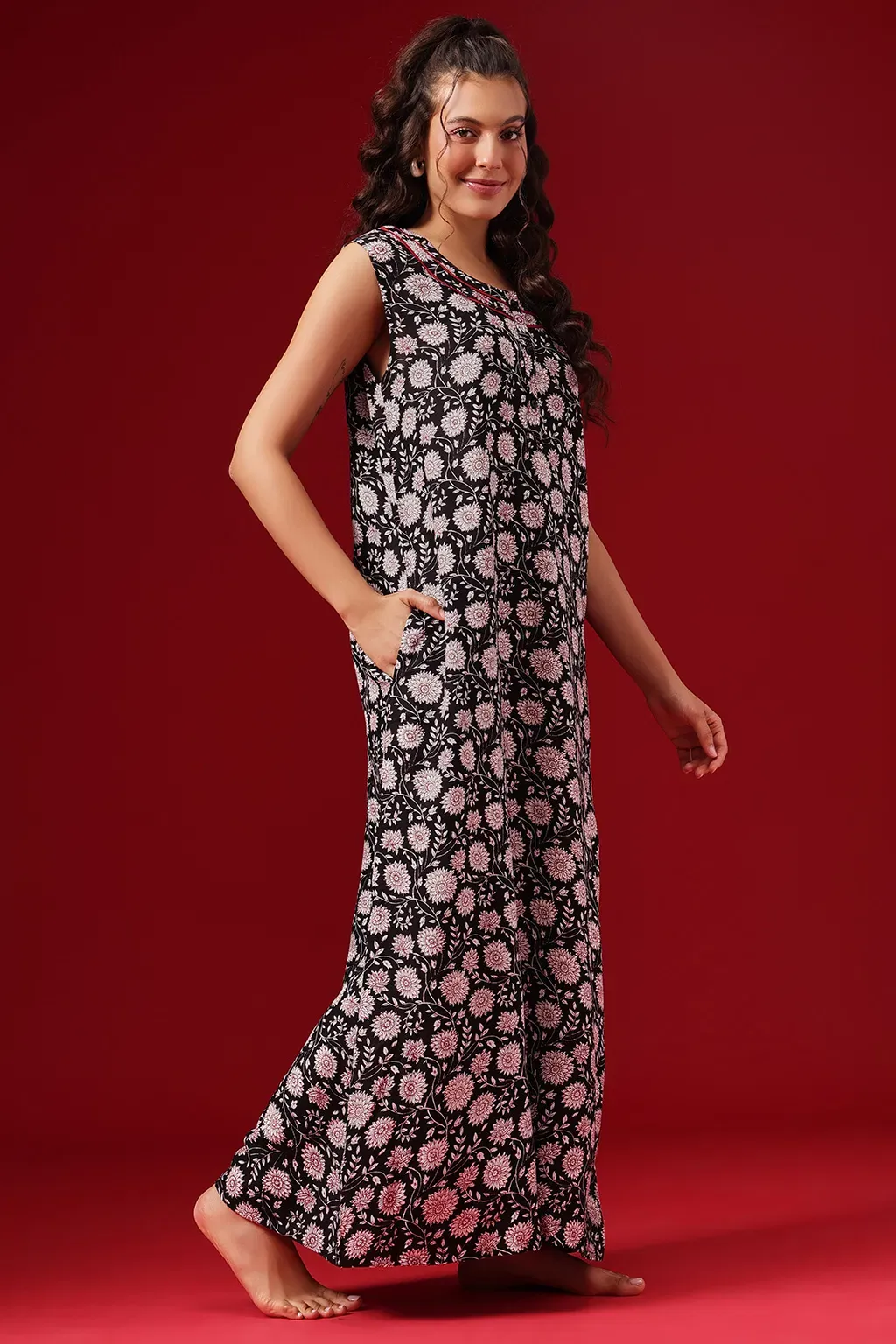 Floral Print Long Nighty in Black - Rayon image 3