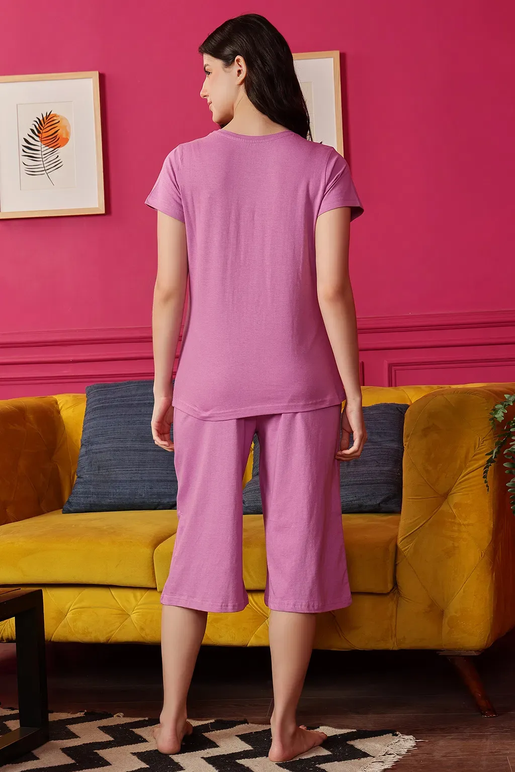 Fox Emoji Print Top & Solid Capri Set in Lilac - 100% Cotton image 4