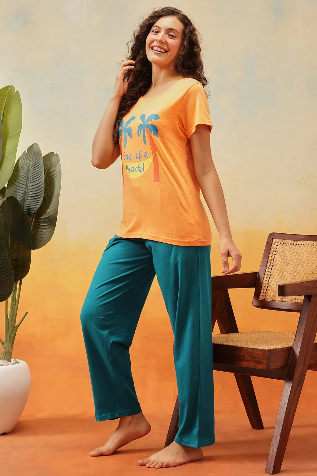 Graphic Print Top & Chic Basic Pyjama Set in Orange Colour - Cotton image 2
