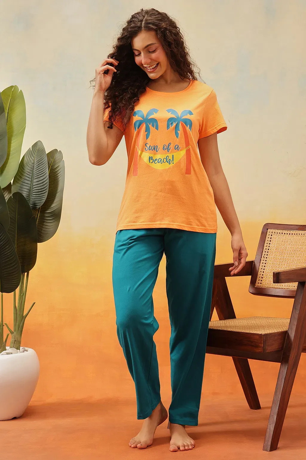 Graphic Print Top & Chic Basic Pyjama Set in Orange Colour - Cotton image 5
