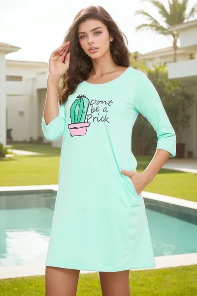 Graphic & Text Print Nighty in Mint Green - 100% Cotton image 2