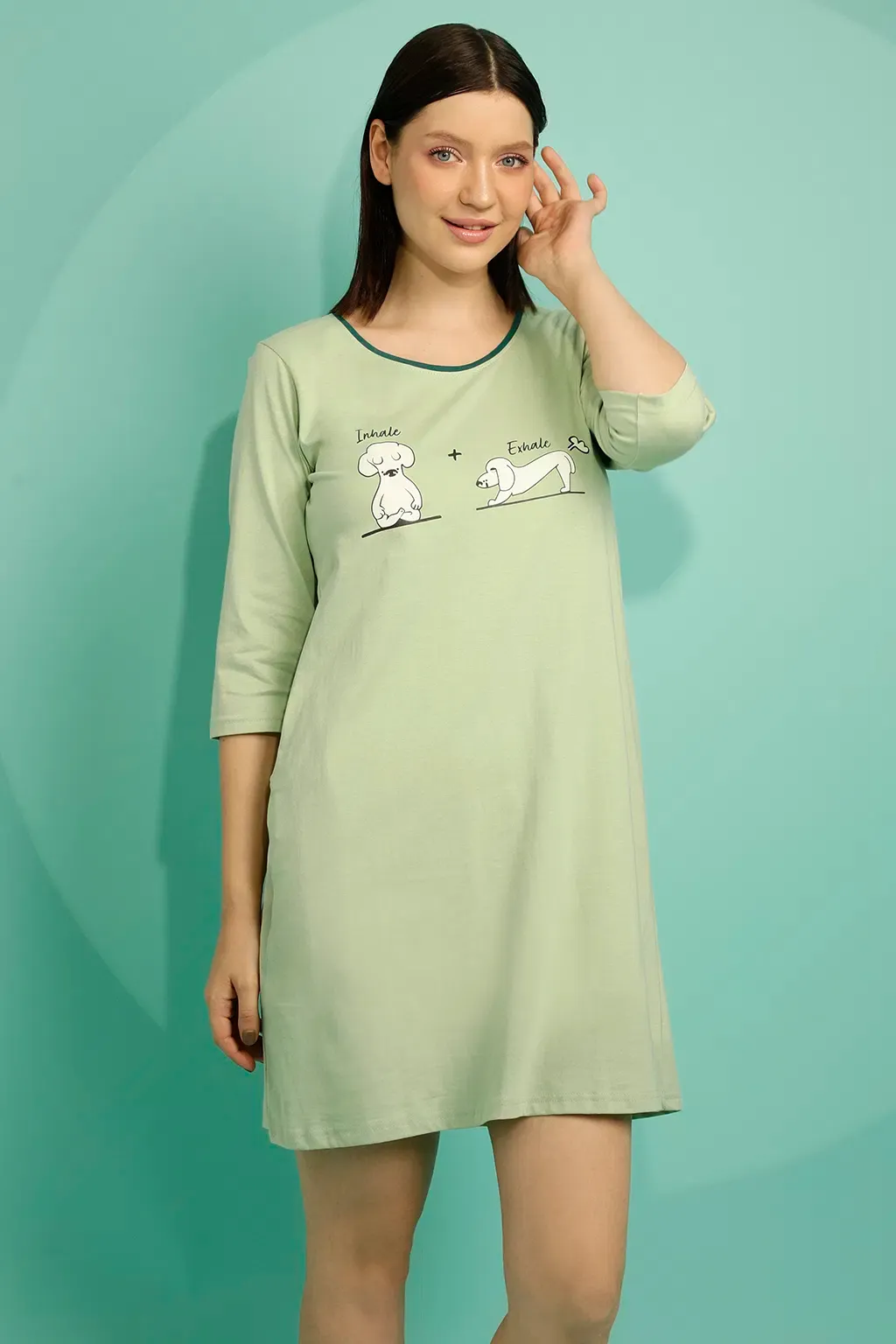 Graphic & Text Print Nighty in Mint Green - 100% Cotton image 6