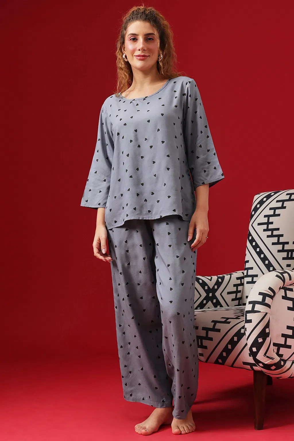 Heart Print Top & Pyjama in Powder Blue - Rayon image 2