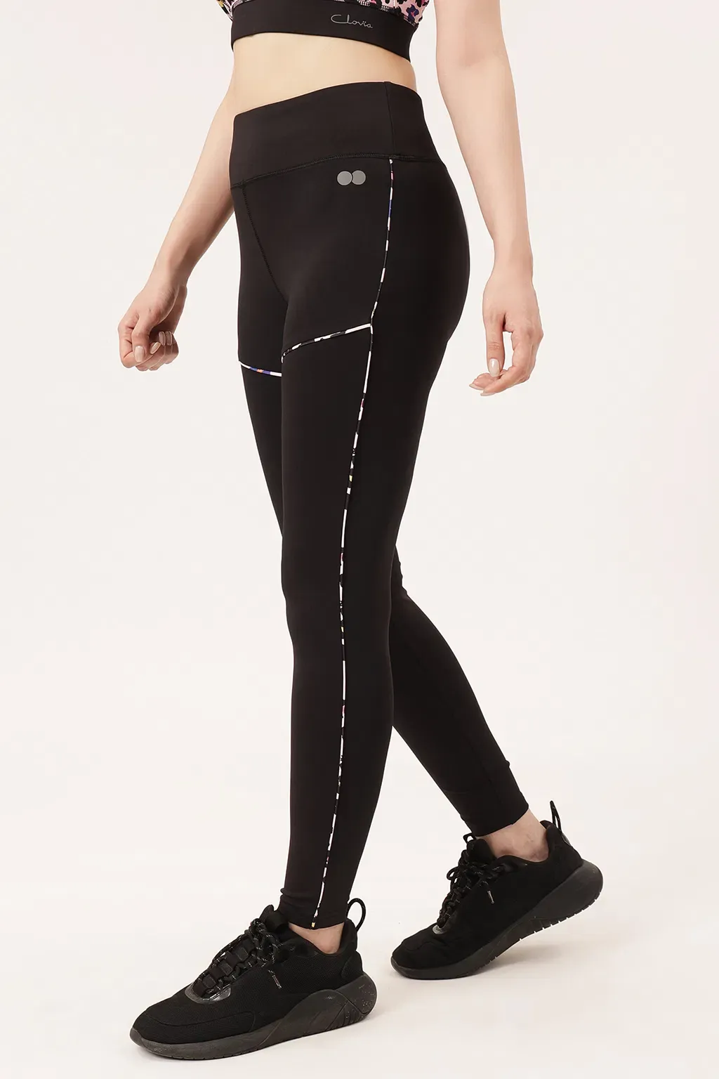 High Rise Active Tights in Black with Printed Piping image 2