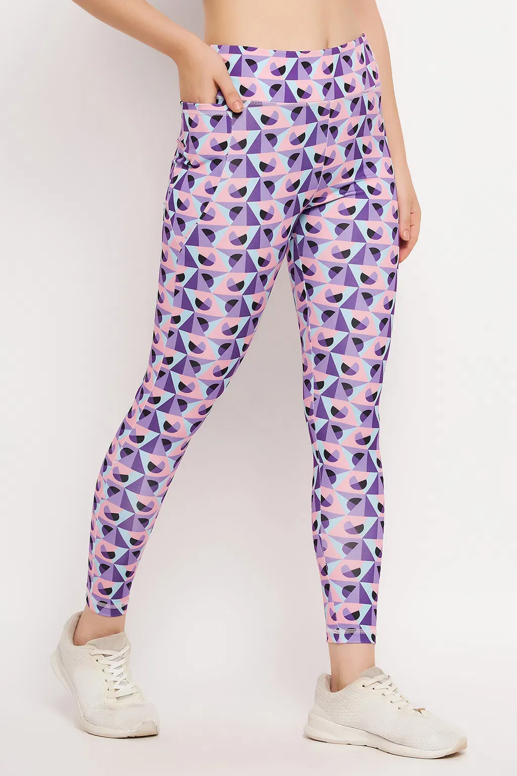 High Rise Geometric Print Active Tights in Purple with Side Pocket image 4