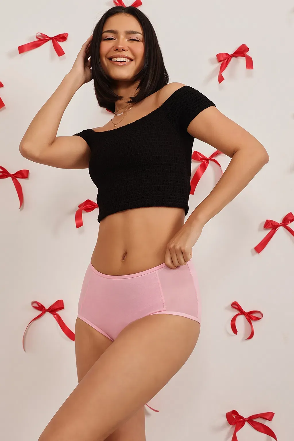 High Waist Hipster Panty in Baby Pink with Powernet Panels - Cotton image 5