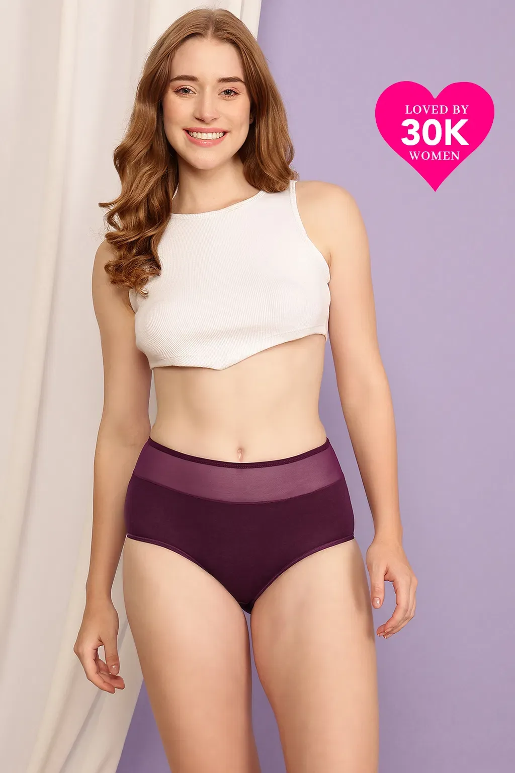 High Waist Hipster Panty in Wine Colour with Powernet Panels - Cotton