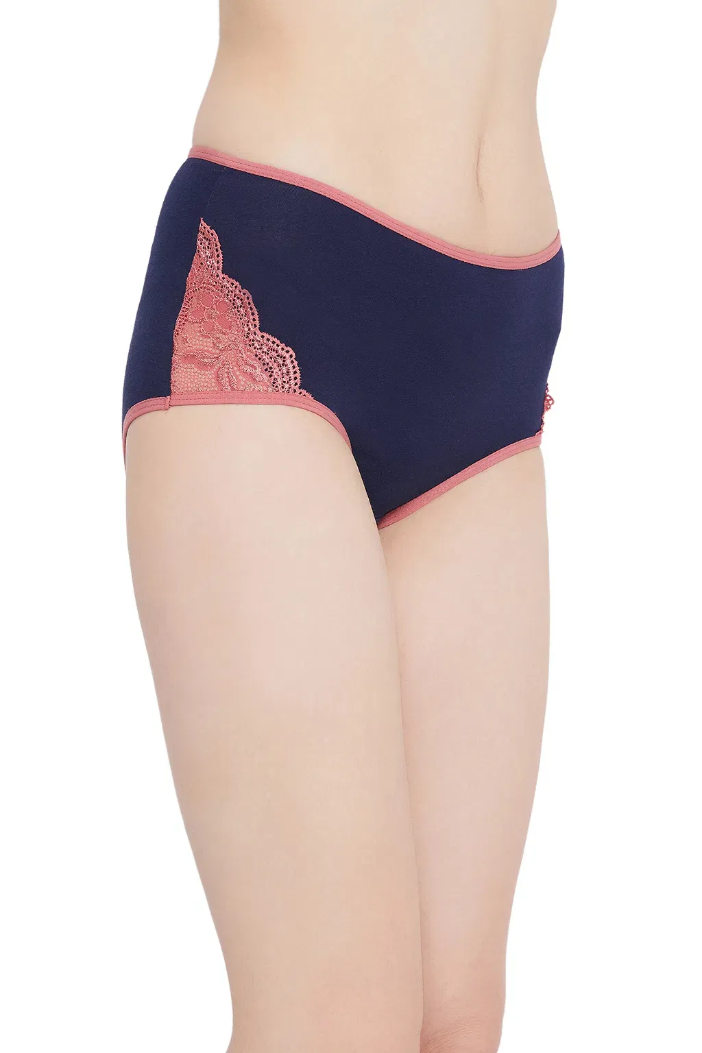 High Waist Hipster Panty with Lace Inserts in Navy- Cotton & Lace image 3