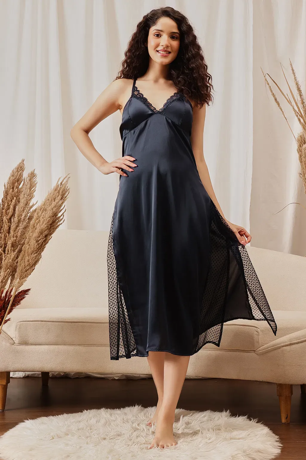 Long Nighty & Robe Set in Navy Colour - Satin & Georgette image 5
