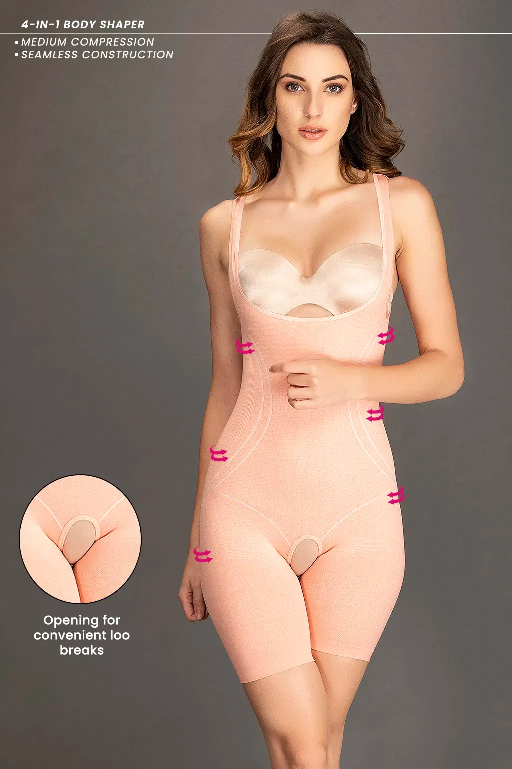 Mid-Thigh High CompressionBody Shaper in Peach Colour image 2