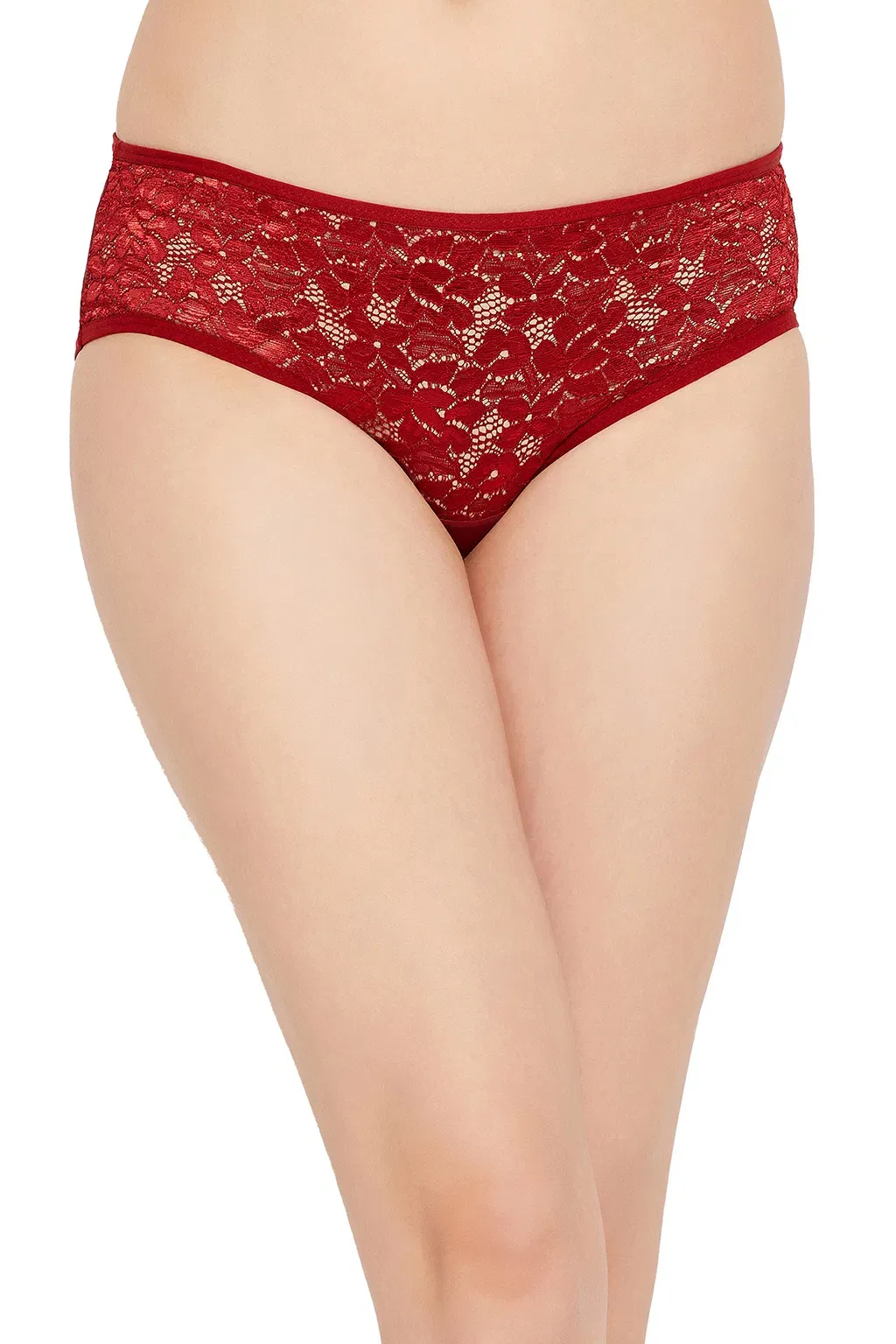 Mid Waist Hipster Panty in Maroon with Sheer Back - Lace