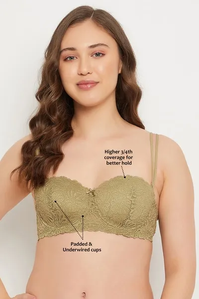 Padded Underwired Full Coverage Multiway Strapless Balconette Bra in Sage Green - Lace