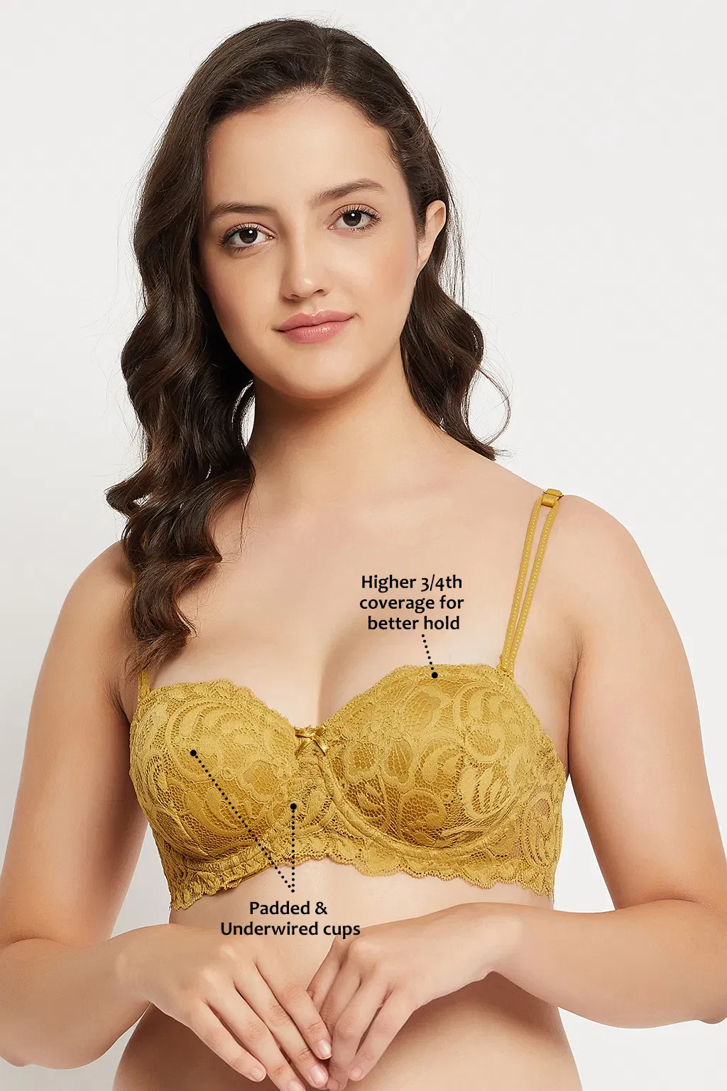 Padded Underwired Full Coverage Multiway Strapless Balconette Bra in Yellow - Lace image 3