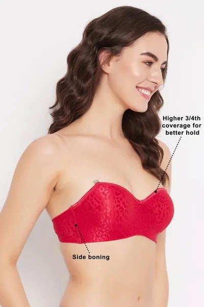 Padded Underwired Full Coverage Strapless Balconette Bra in Red - Lace image 3