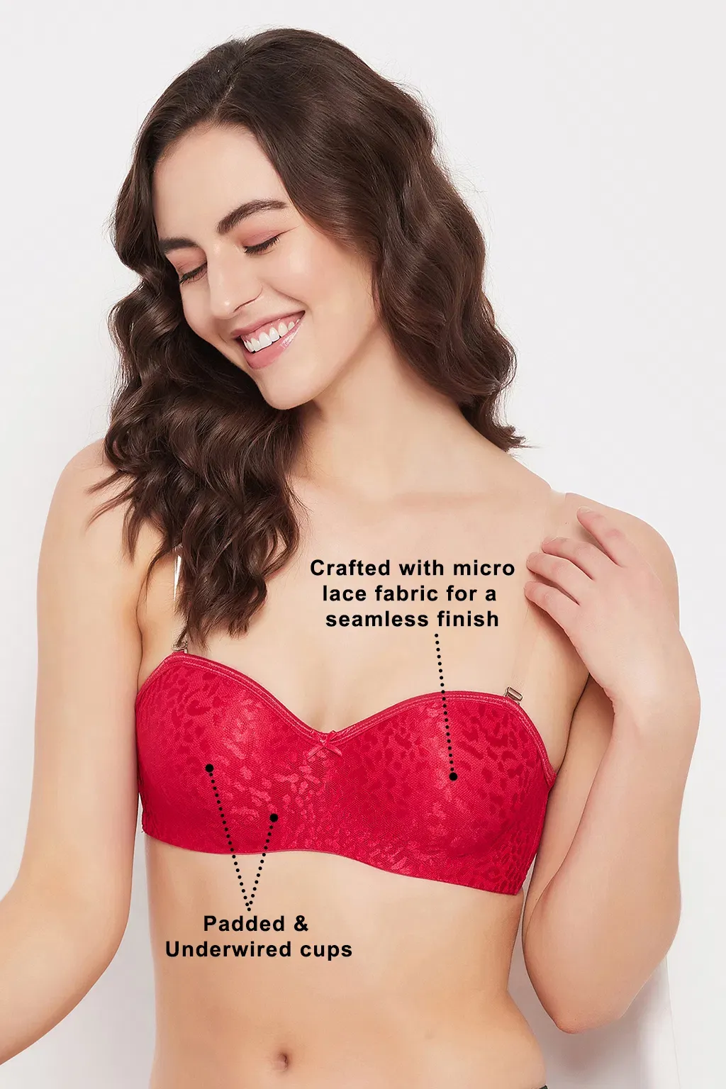 Padded Underwired Full Coverage Strapless Balconette Bra in Red - Lace image 7