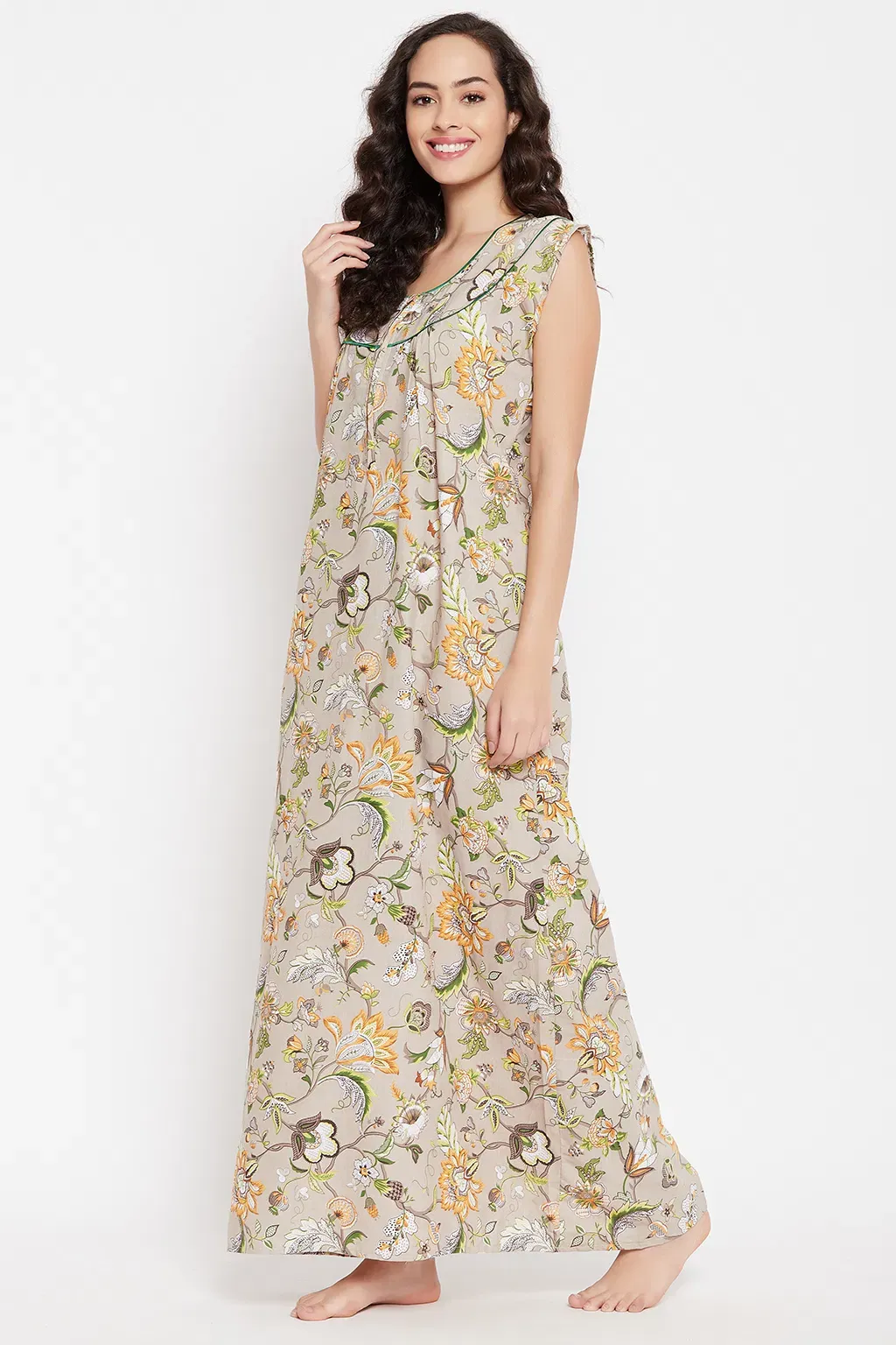 Pretty Florals Long Nighty in Beige - Cotton image 3