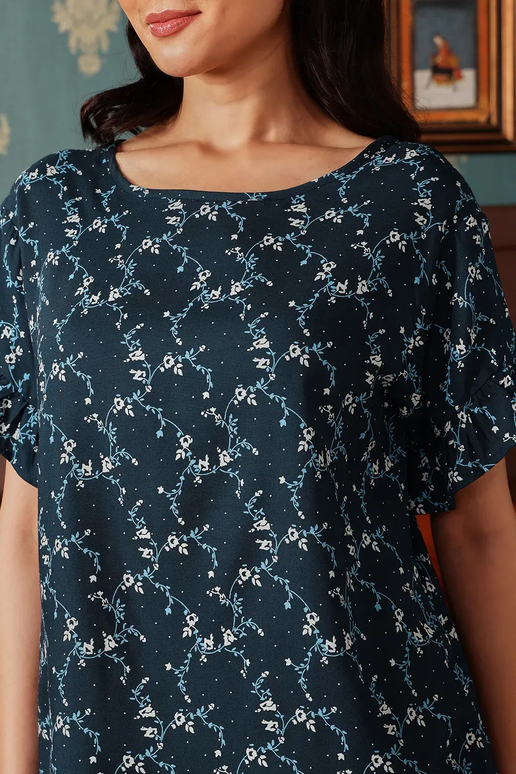 Pretty Florals Top & Pyjama Set in Teal Blue - Rayon
