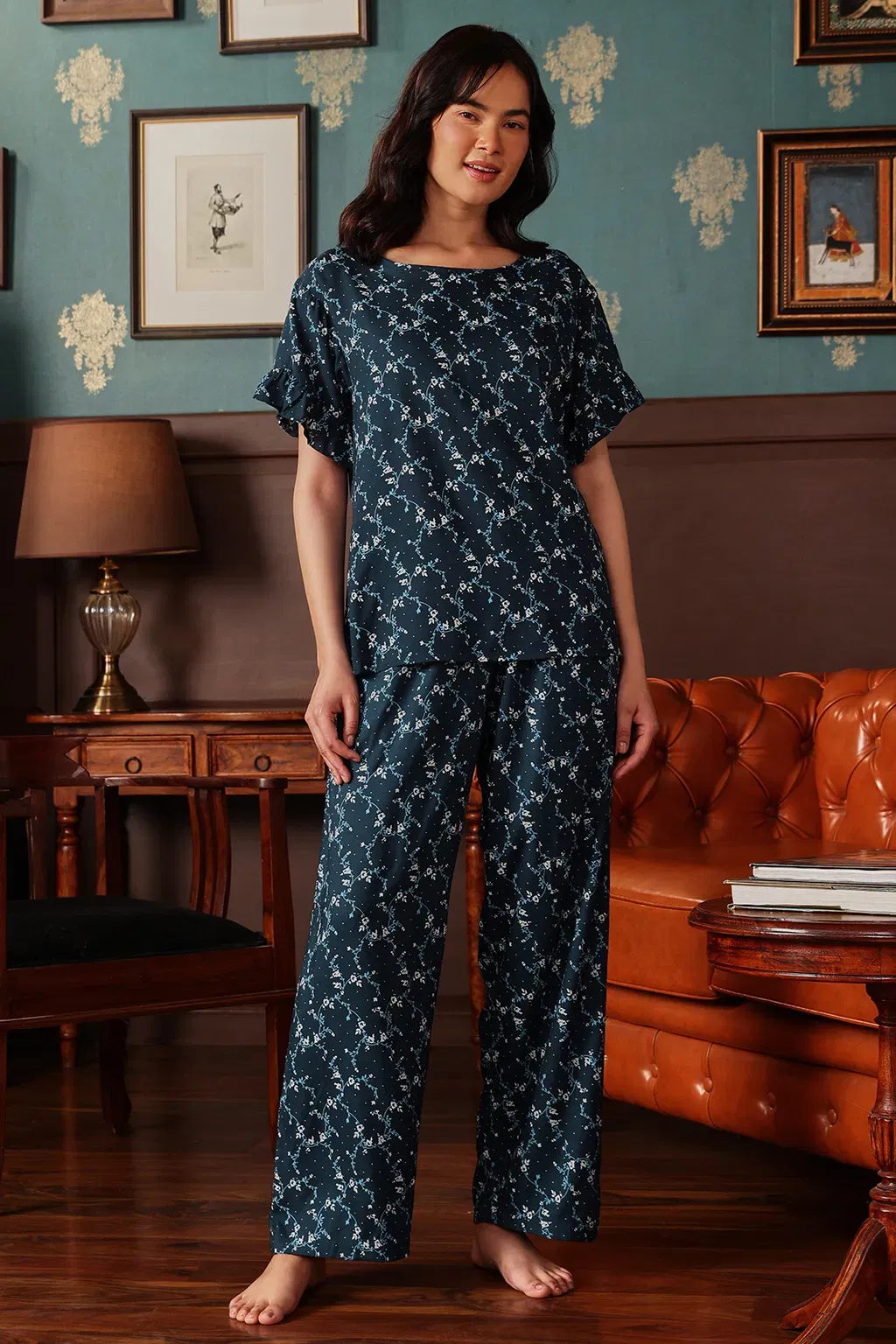 Pretty Florals Top & Pyjama Set in Teal Blue - Rayon image 3