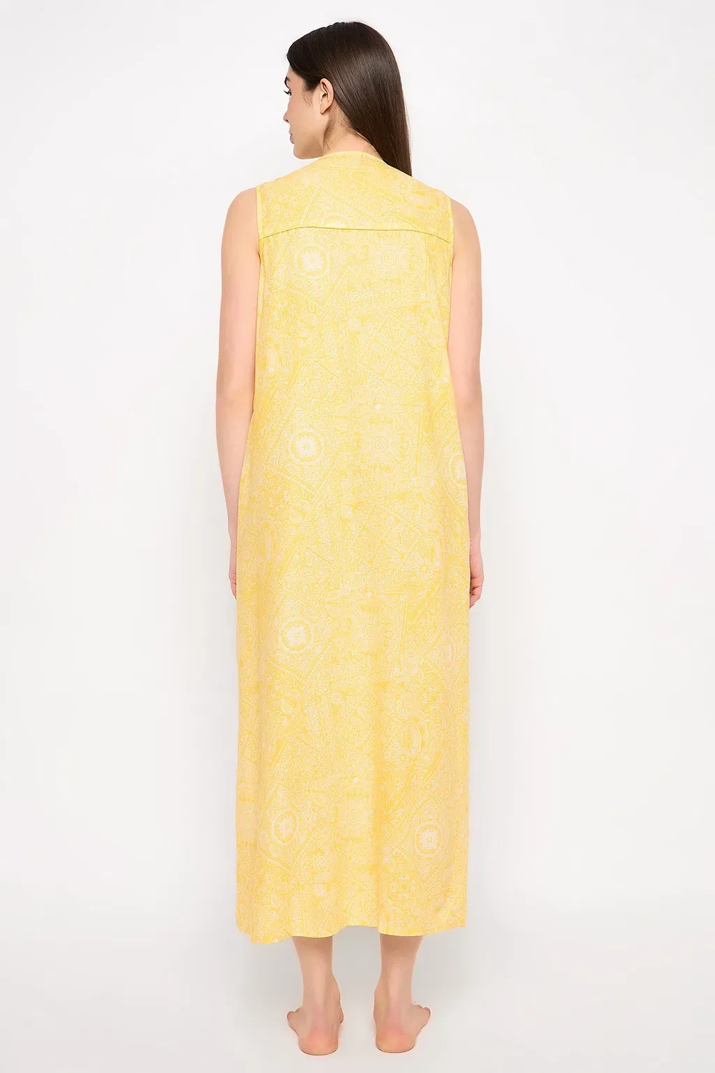 Print Me Pretty Long Nighty in Yellow - Rayon