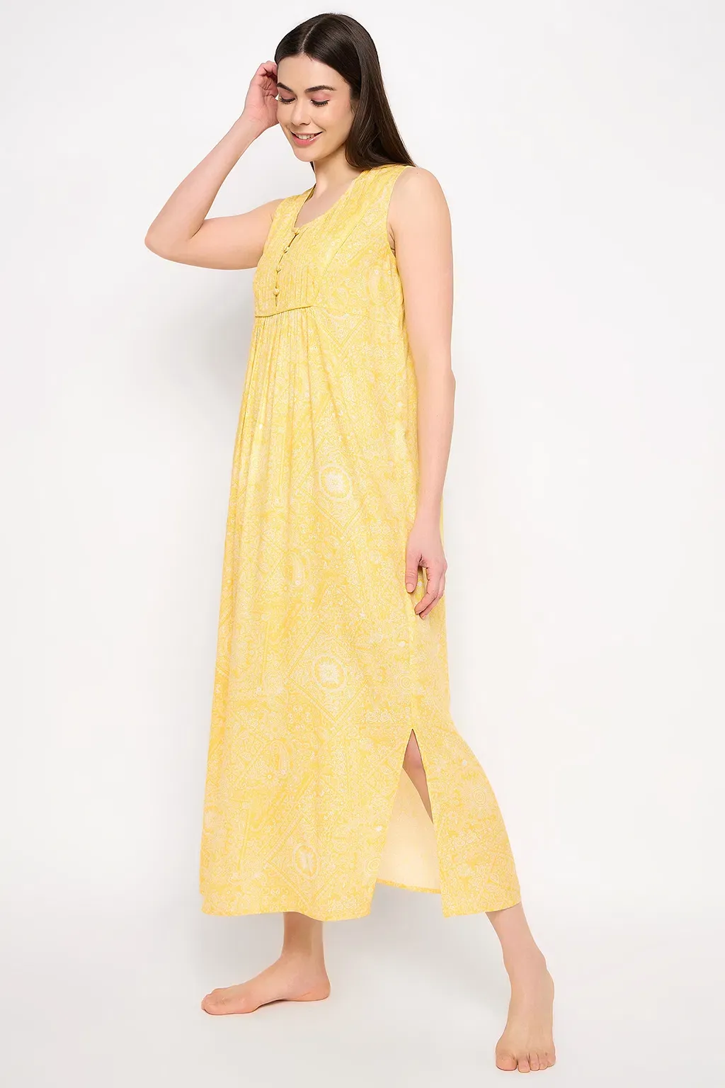 Print Me Pretty Long Nighty in Yellow - Rayon image 2