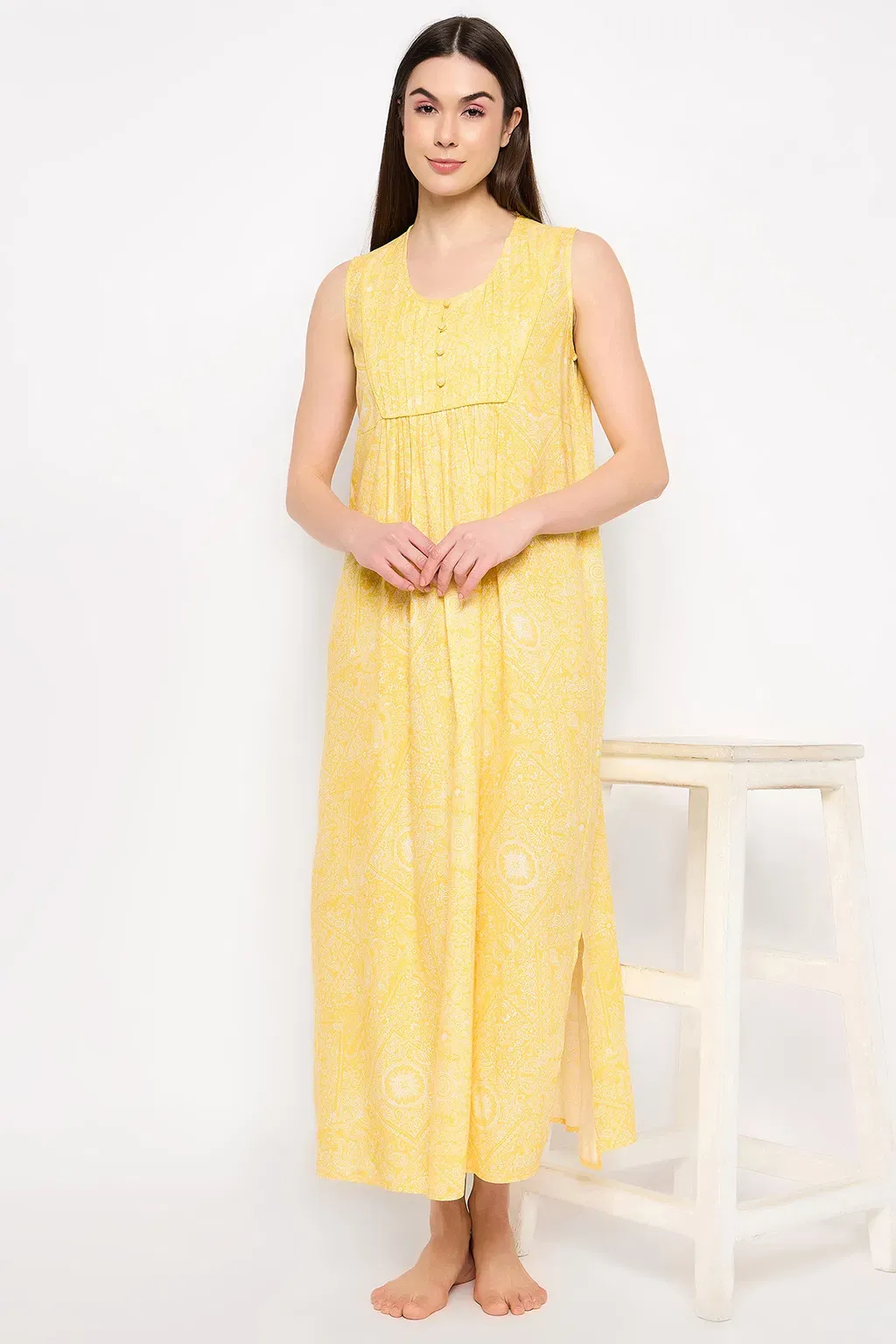 Print Me Pretty Long Nighty in Yellow - Rayon image 4