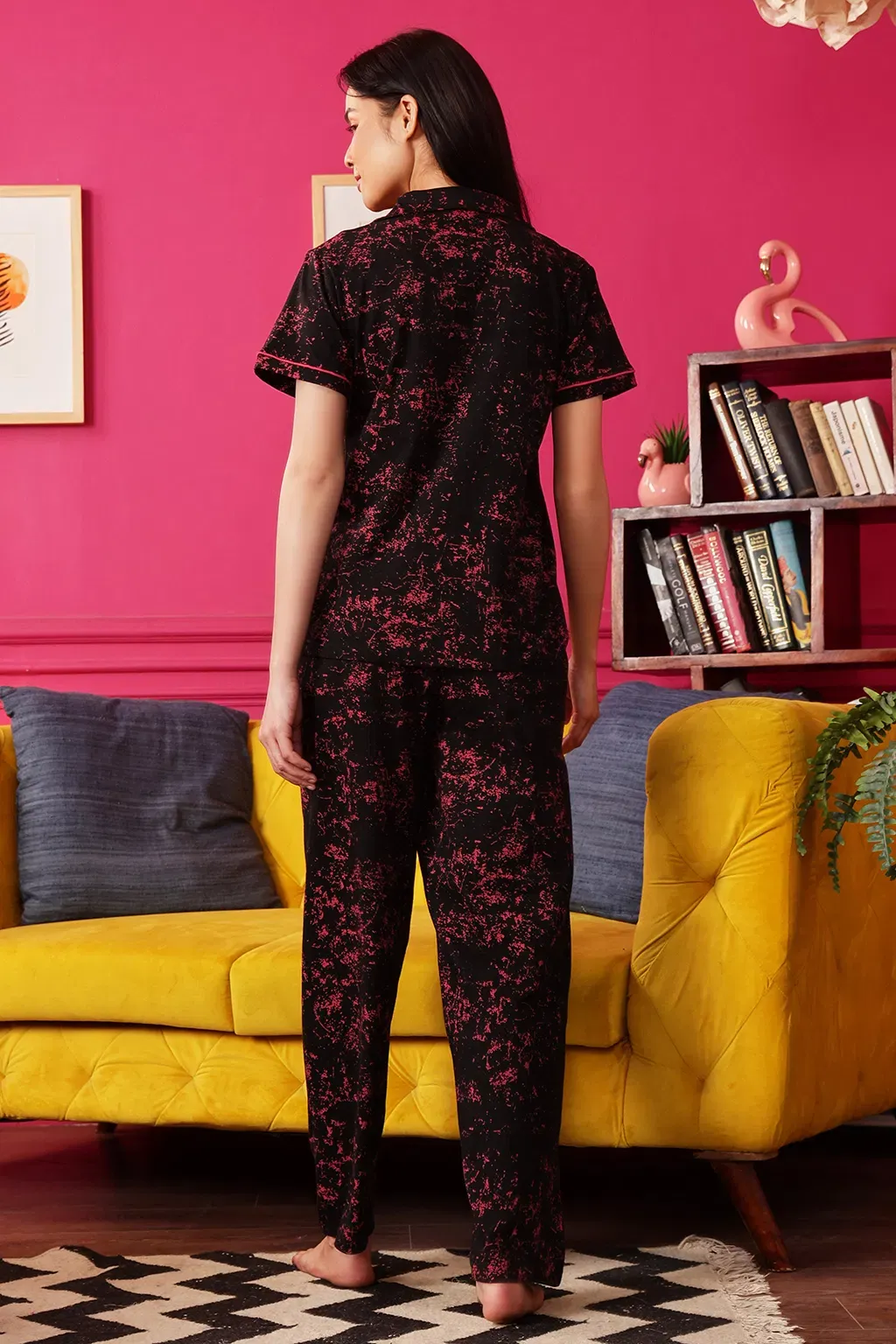 Printed Button Down Night Suit in Black - 100% Cotton image 3