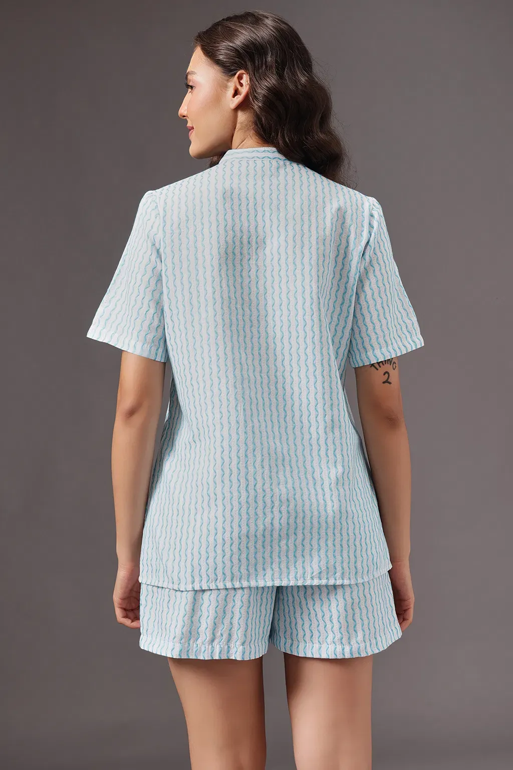 Printed Kurta Top & Shorts Set in Light Blue - Cotton image 2
