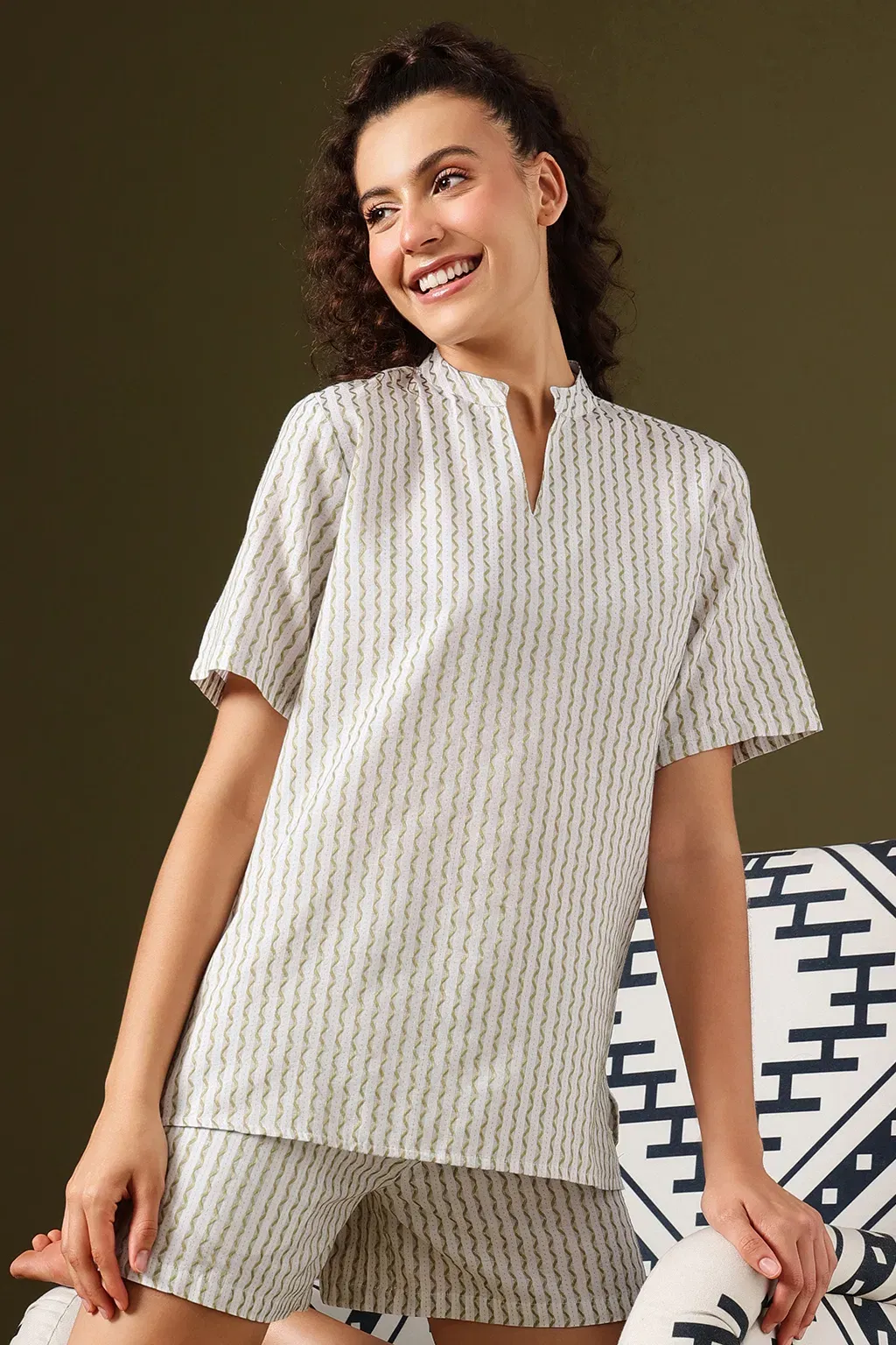 Printed Kurta Top & Shorts Set in Sage Green - Cotton