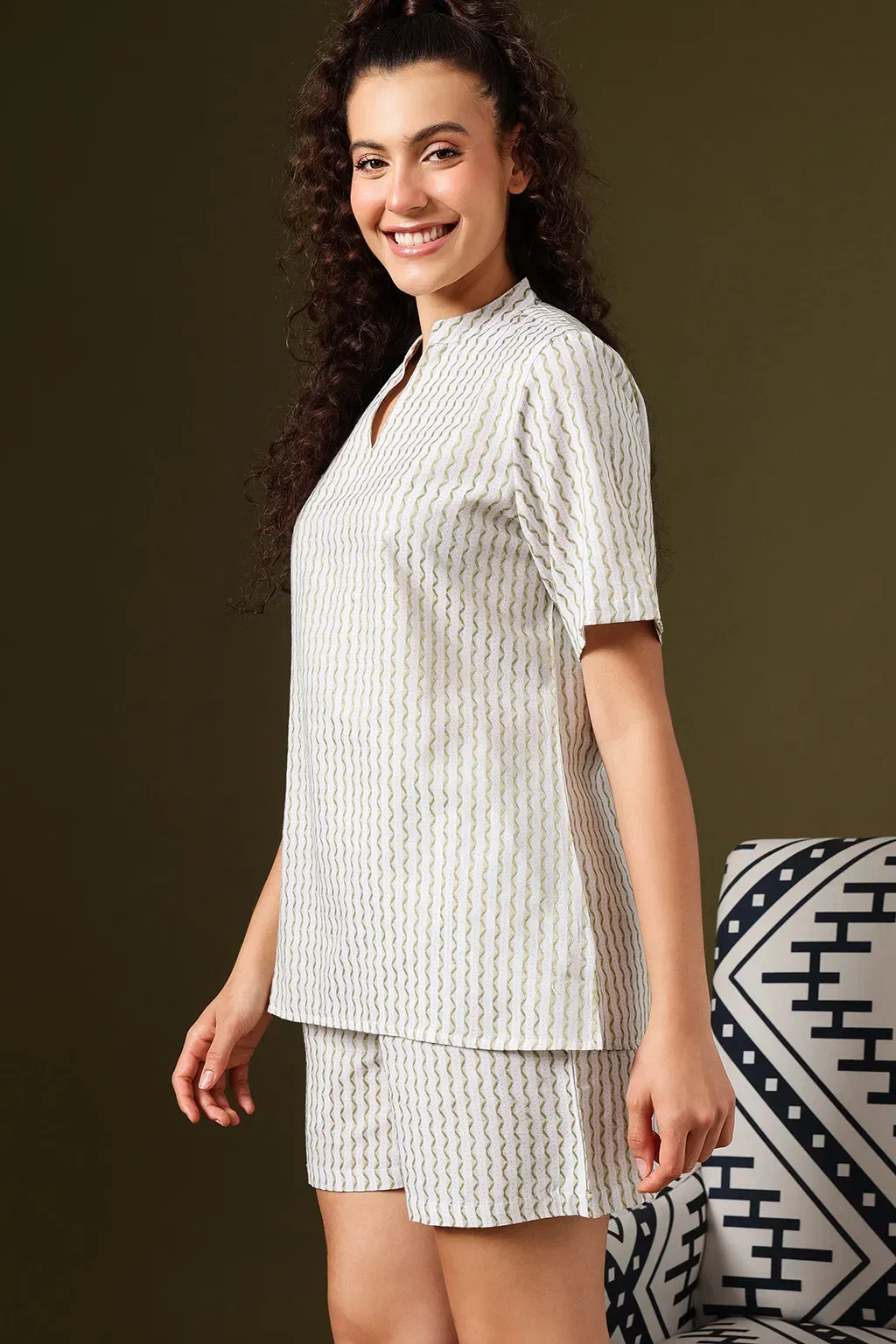 Printed Kurta Top & Shorts Set in Sage Green - Cotton image 4