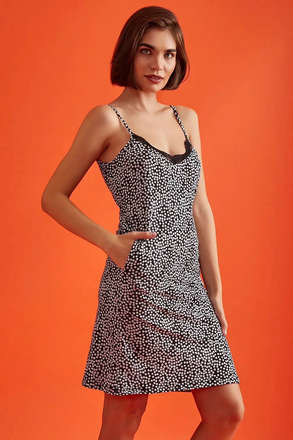 Printed Short Nighty in Black- Cotton Rich image 3