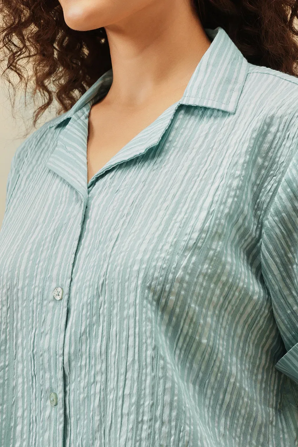 Sassy Stripes Button Down Night Suit in Cyan Blue - Cotton image 3
