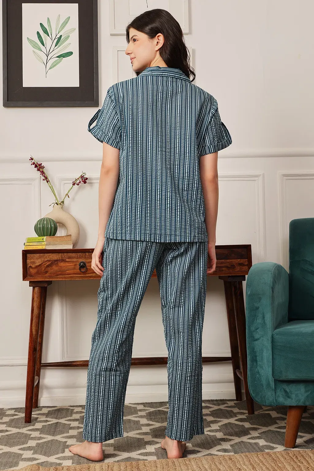 Sassy Stripes Button Down Night Suit in Navy - Cotton