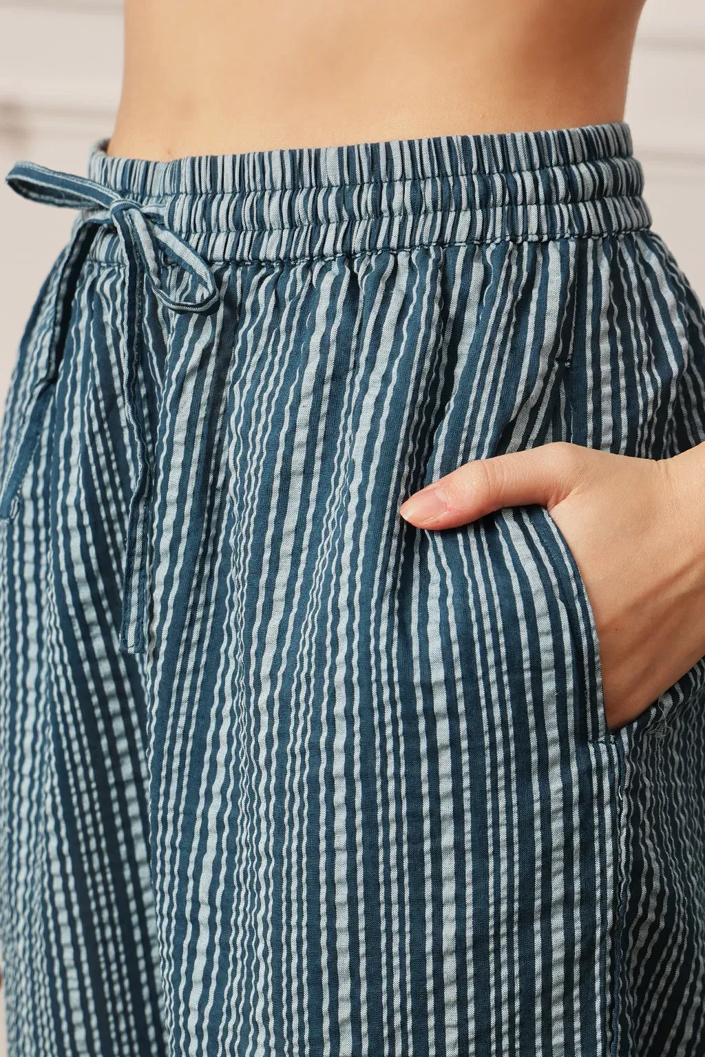 Sassy Stripes Button Down Night Suit in Navy - Cotton image 4