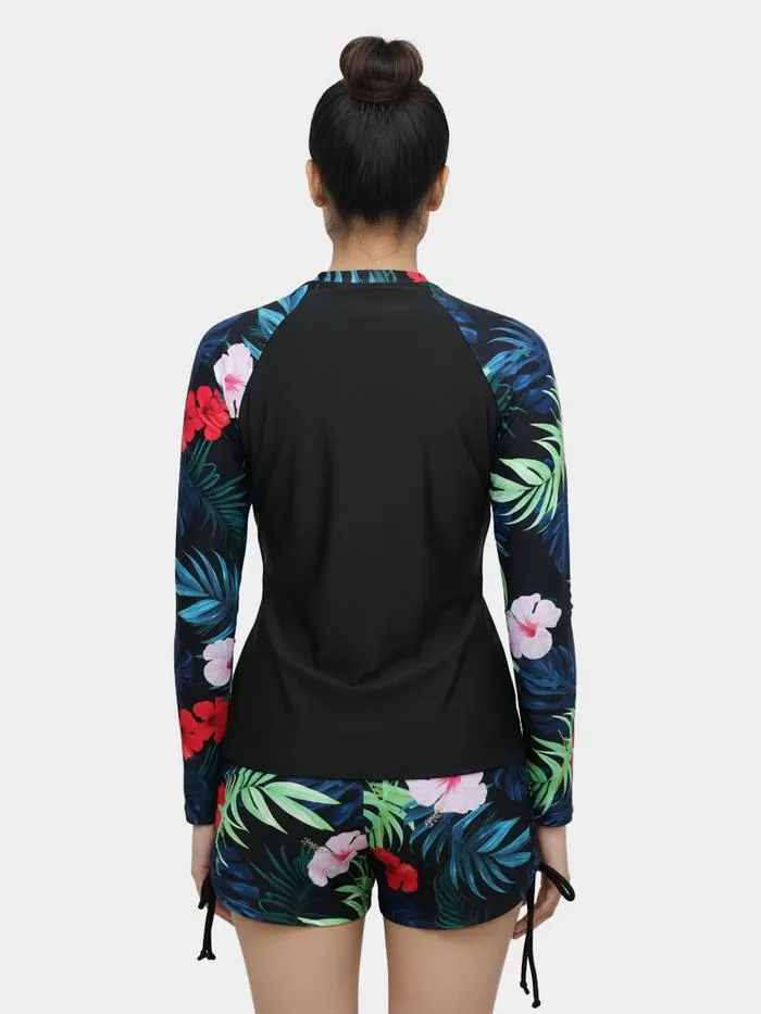 Shyle Black Bean Full Sleeve Zipper Top And Ruched Shorts Swimwear
